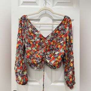 H&M Floral Viscose Crepe V neck Draw String Front Shirt/Crop Top Size L
